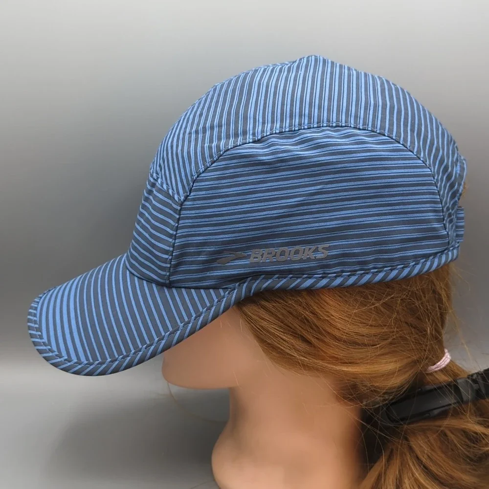 Brooks 5 Panel Hat Cap Strapback OSFA Blue Stripe Running Lightweight Adjustable
